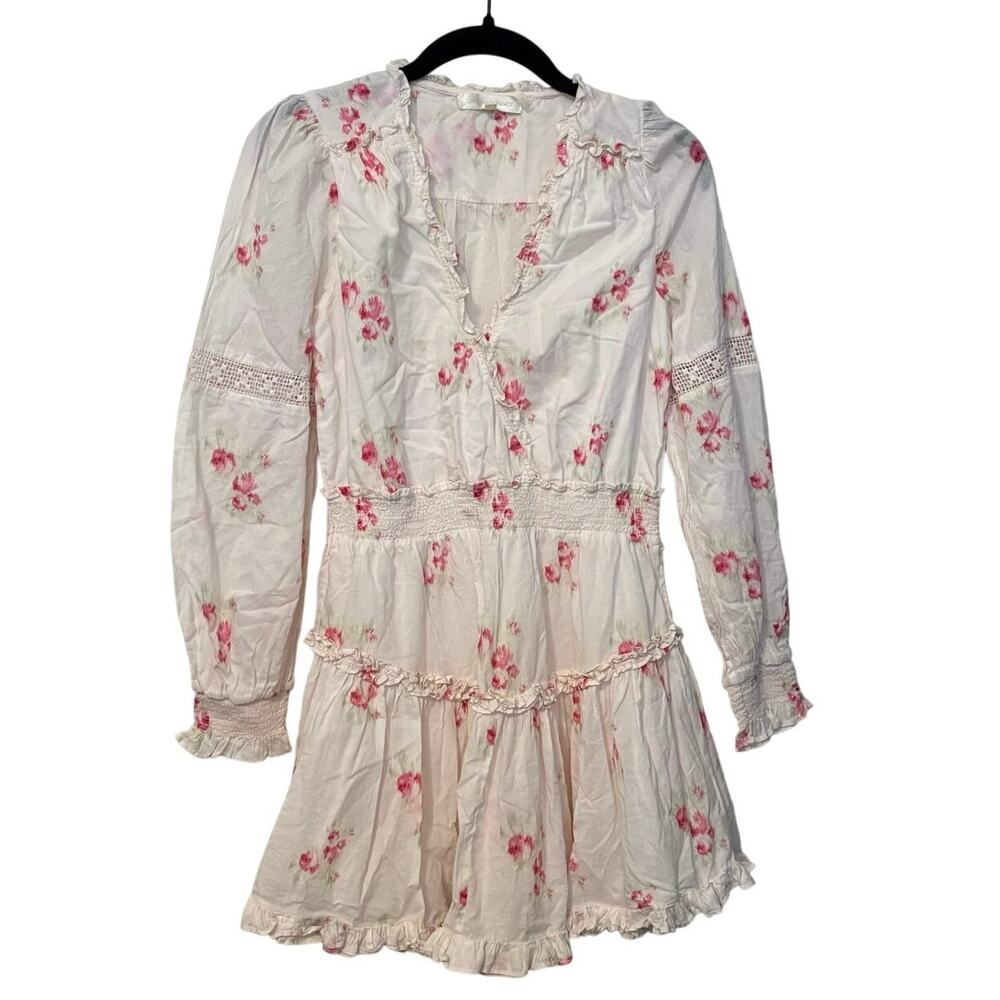 Love Shack Fancy 100% Cotton White Pink Floral Ruffle Mini Dress Size Small - Picture 3 of 7